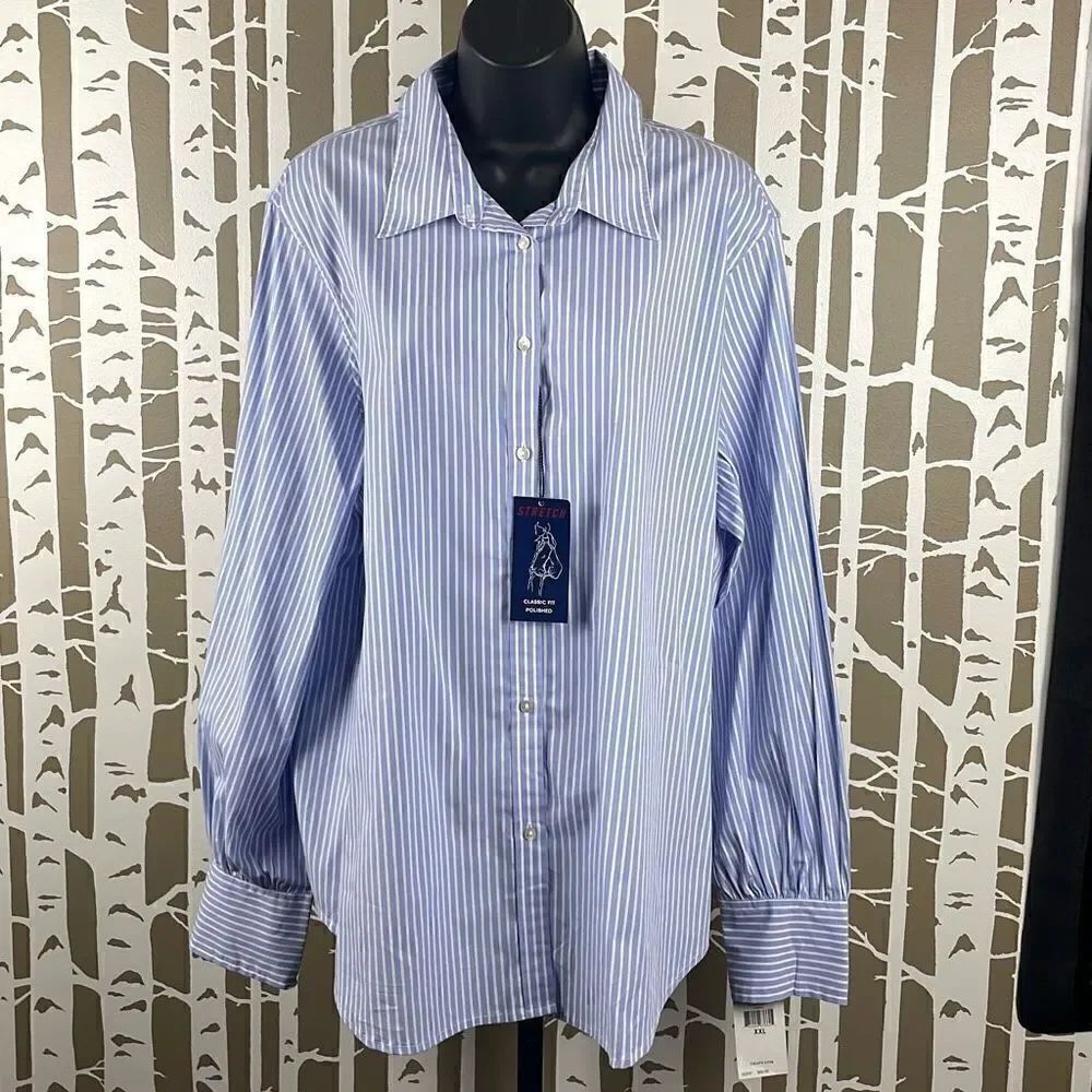 CHAPS NEW $60 Classic Fit Polished Balloon Sleeve Stretch Poplin Striped Blouse